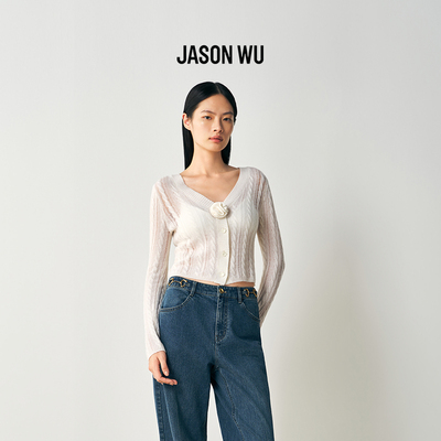 JASON WU2026年春季新款花朵装饰绞花开衫100%绵羊毛长袖毛针织衫