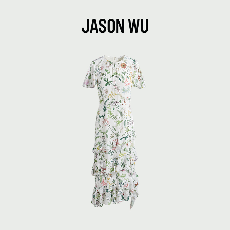 JASON WU 25新款印花荷叶边高腰新中式百搭裙子长裙连衣裙