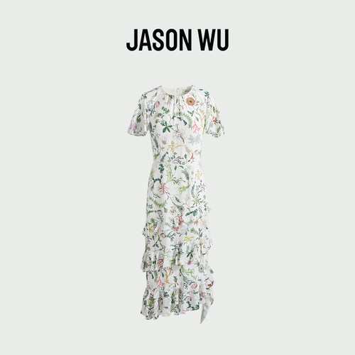 JASON WU 新款印花荷叶边高腰新中式百搭裙子长裙连衣裙