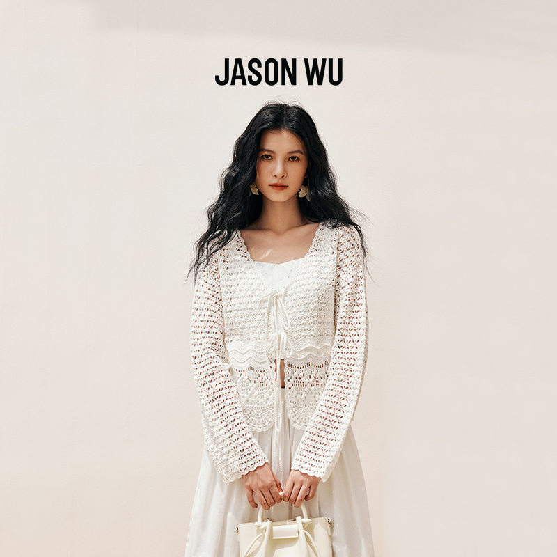 JASON WU25年秋季新款简约棉质手钩肌理感针织系带开衫薄外套