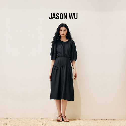 【莱赛尔+桑蚕丝】JASON WU 春夏新款通勤圆领泡泡袖露腰连衣裙长