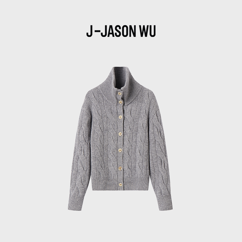 JASON WU-J系列时尚宽松高领麻花针织开衫毛衣叠穿松弛外套上衣