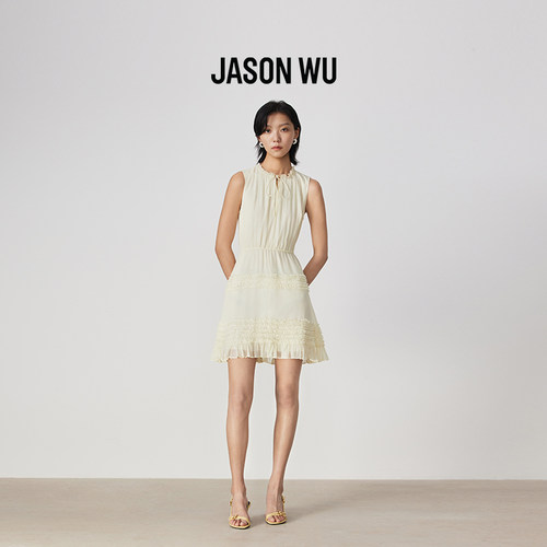 【桑蚕丝】JASON WU 新款度假风纡皱系带无袖荷叶边连衣裙