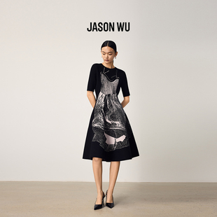 提花收腰伞摆连衣裙短袖 新款 圆领设计感印花裙 WU2026年春季 JASON
