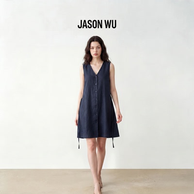 JASON WU-J系列100%汉麻V领气质优雅系带连衣裙女中长裙夏季新款