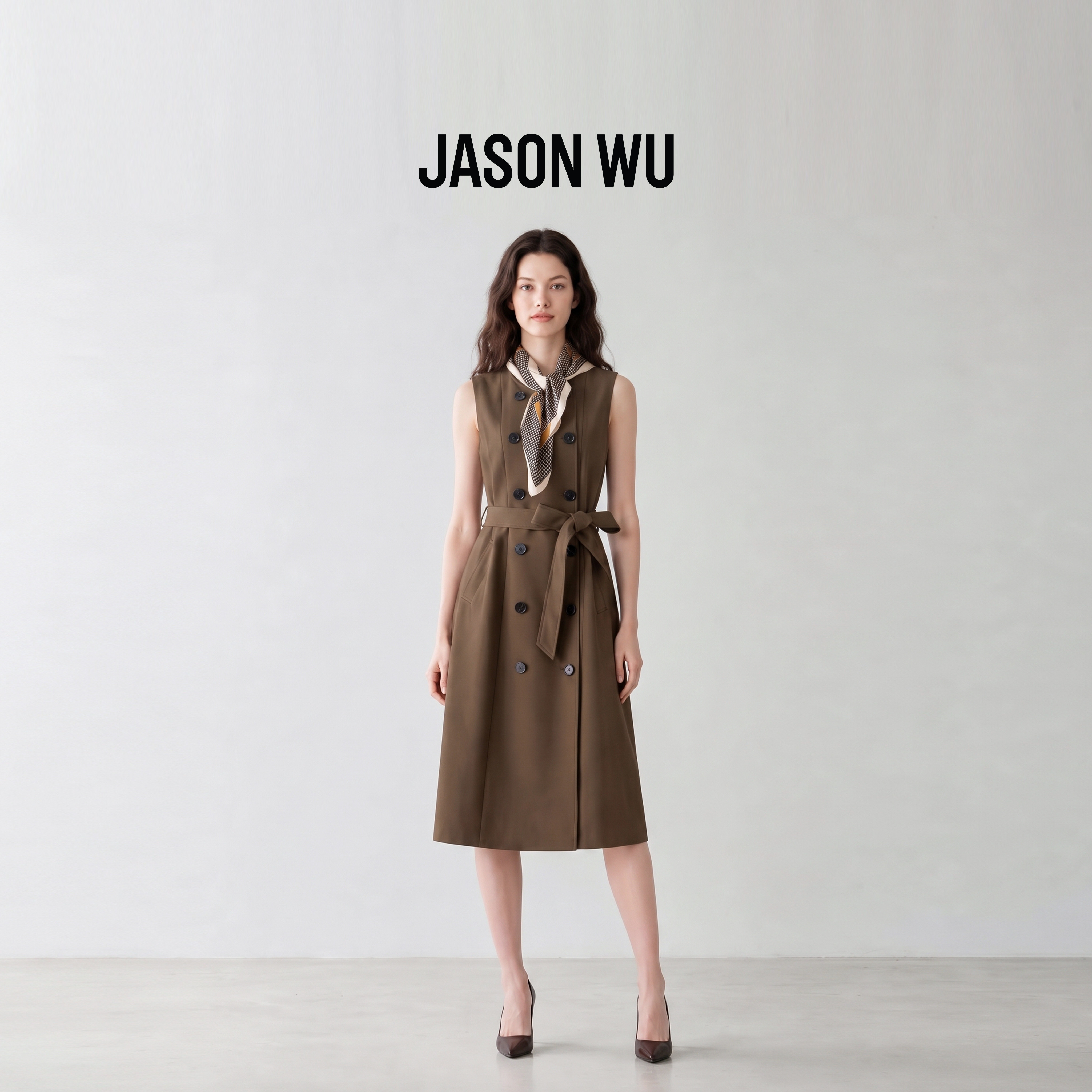 JASON WU-J系列风衣式双排扣收腰系带中长款无袖背心连衣裙女秋冬