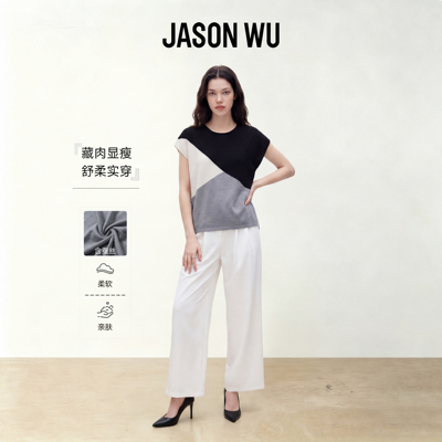 JASON WU-J系列桑蚕丝棉质时尚撞色下摆开叉短袖T恤上衣夏季新款