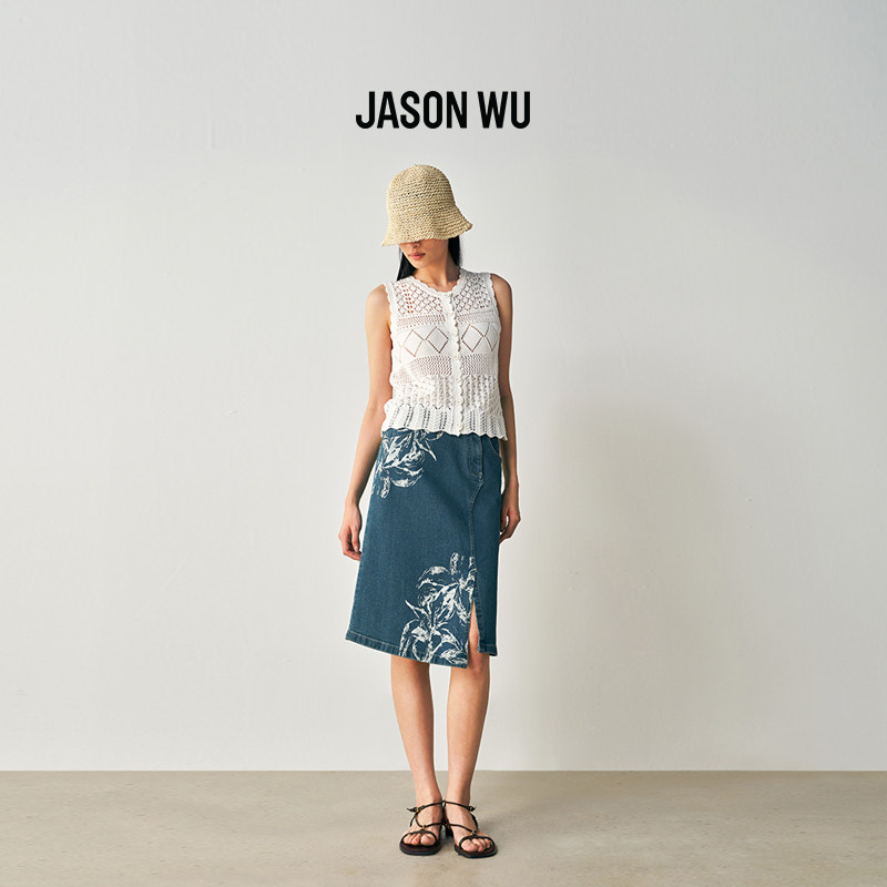 JASON WU 2026年夏季新款百合花印花牛仔裙复古修身开衩半身裙