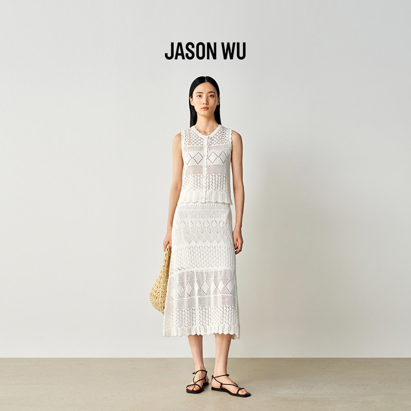 JASON WU 2026年夏季新款棉质挑孔针织半裙白色镂空中长半身裙
