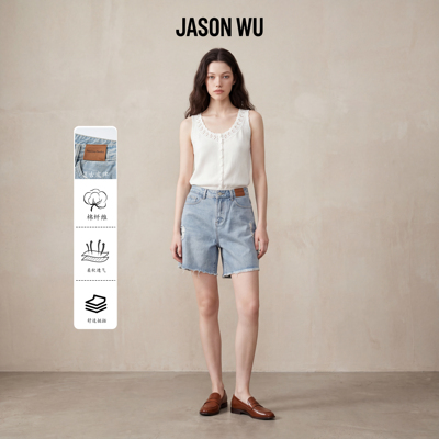 JASON WU-J系列棉感蓝调破洞磨毛须边直筒牛仔短裤裤子女夏季新款