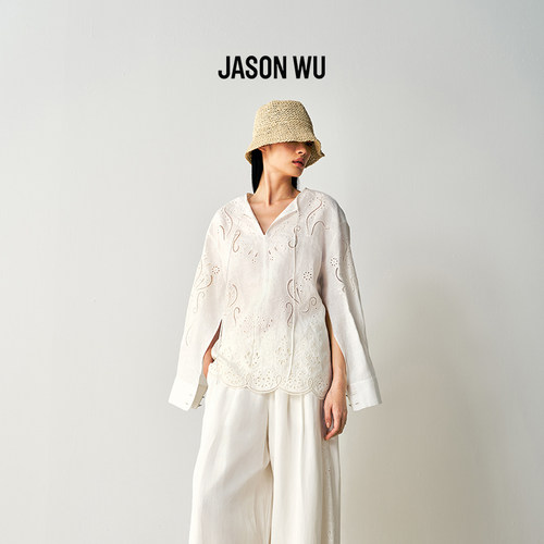 JASON WU夏季新款镂空刺绣亚麻衬衫长袖宽松V领女装商场同款