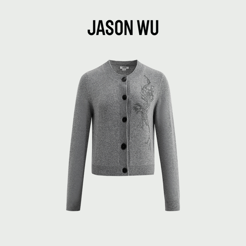 jasonwu单排扣圆领开衫钉珠