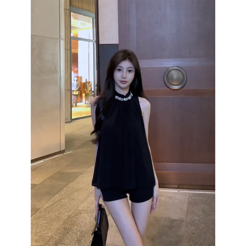 黑色水钻挂脖背心女夏季外穿宽松显瘦辣妹气质雪纺衫无袖纯欲上衣