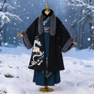 原创汉服仿狐狸毛领保暖加绒对襟袍男孩明制冬季裘衣半袖披