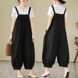 女装 显瘦洋气吊带连体灯笼裤 夏季 女宽松阔腿九分裤 棉麻背带裤 大码