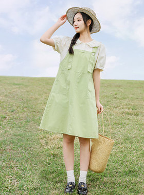女大童泡泡袖连衣裙夏季2025新款纯棉休闲宽松15岁W初中学生背带