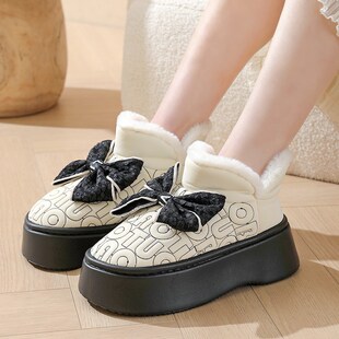 高跟棉拖鞋女厚底包跟居家时尚防水PU皮拖鞋冬季加绒防寒棉鞋耐脏