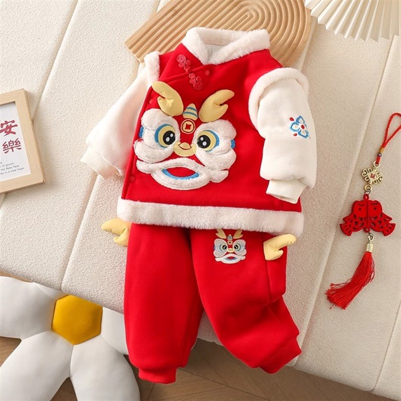婴儿衣服冬装套装百n天周岁礼服男女宝宝2件套喜庆抓周过年拜年服