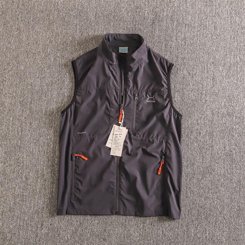 夏季单层速干马甲男户外透气跑步立领多口袋纯色弹力休闲开衫背心