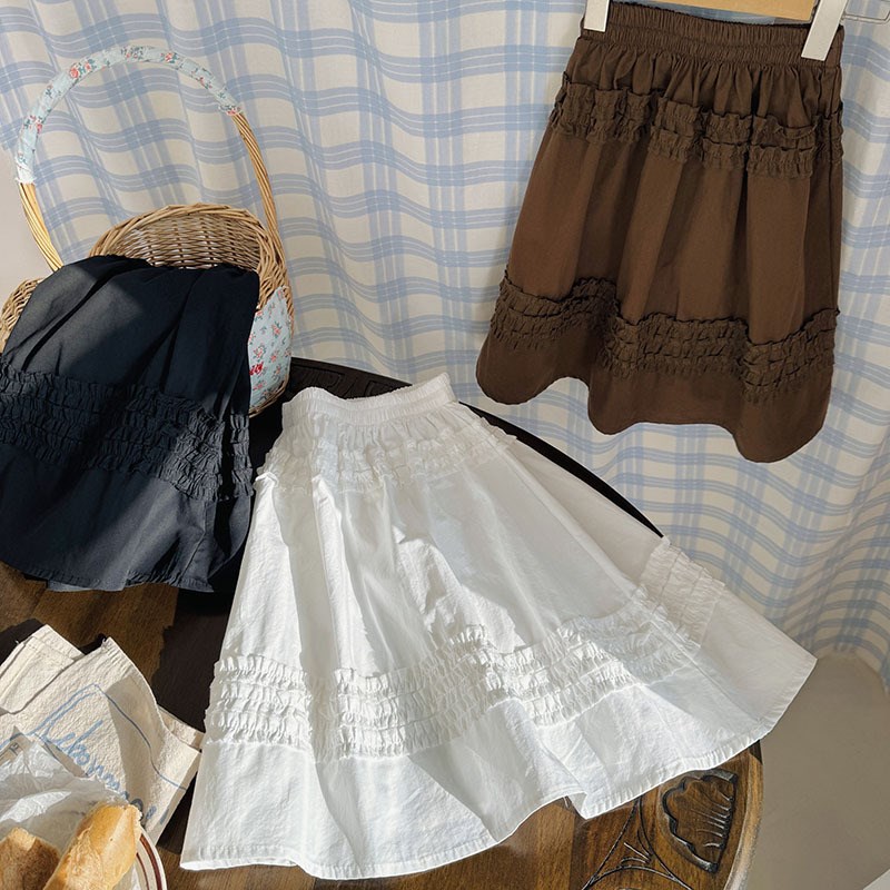 女童纯棉半身裙棉布伞裙百搭裙子D春季夏季长裙花边复古黑色白色