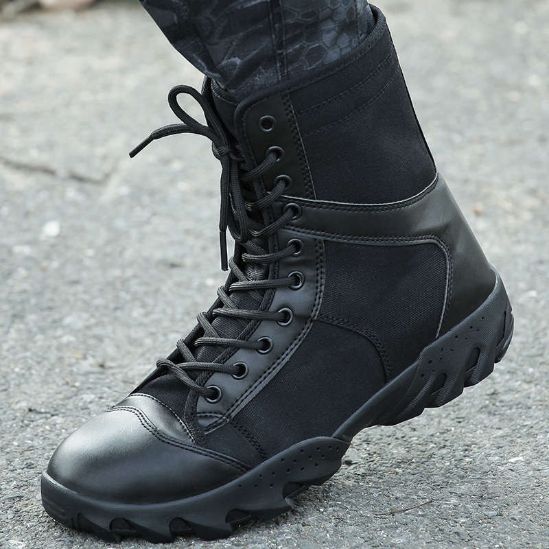 作战靴男c保安高帮透气战术春夏黑色超轻安检加绒帆布训练鞋军战
