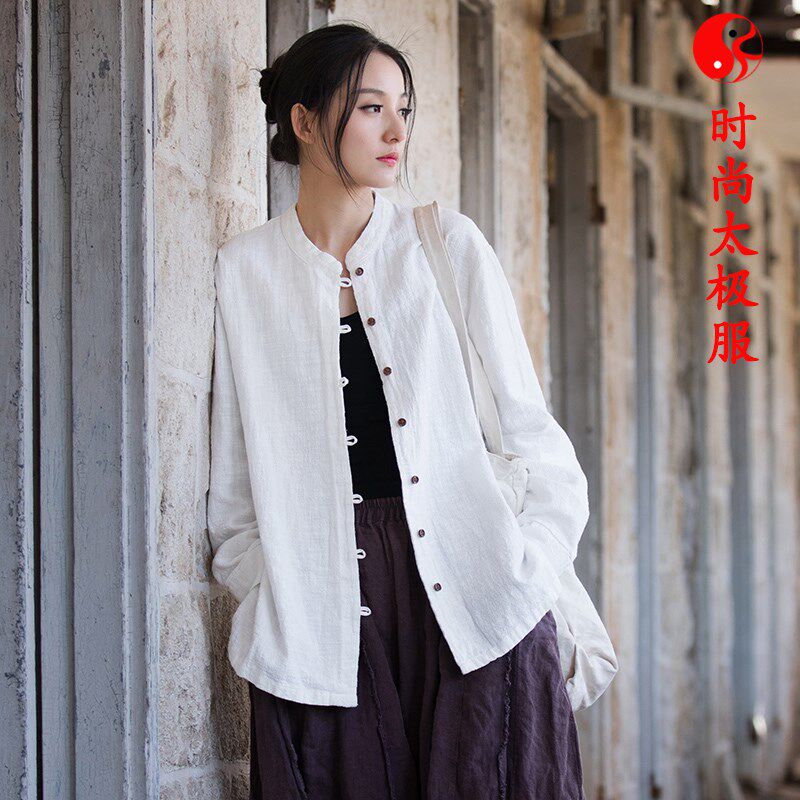 新款春季女装太极服薄款s太极上衣棉麻练功服秋季亚麻太极服白色
