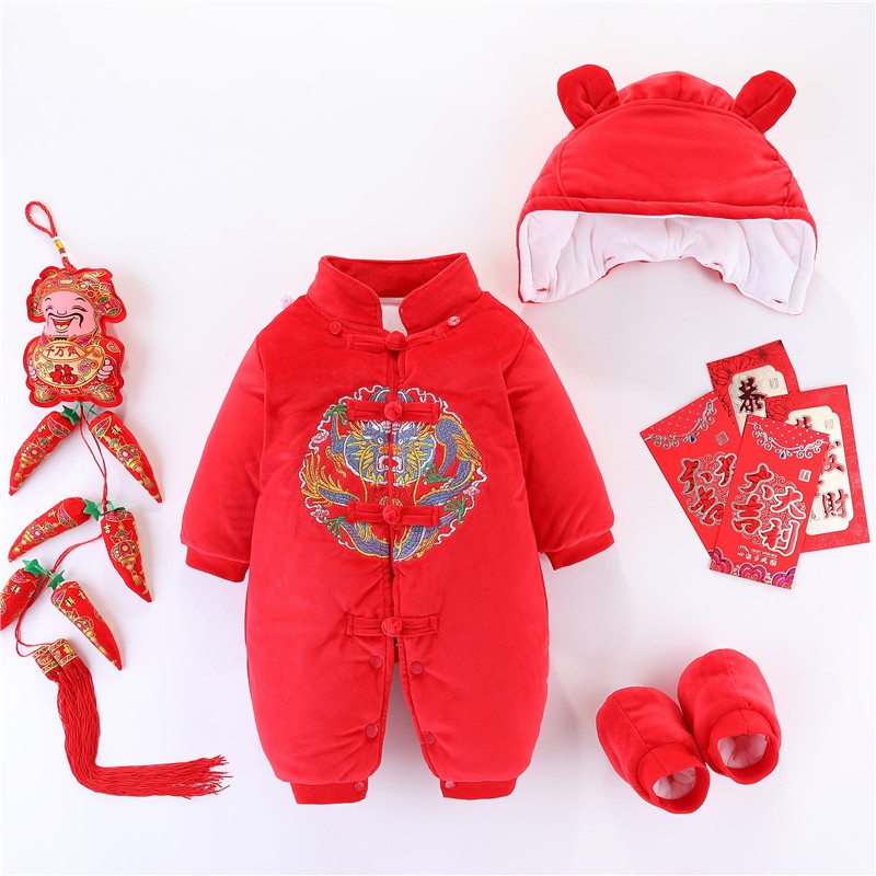 冬季新生婴儿新年连体衣拜年服女男D宝宝周岁唐装百天满月礼服加