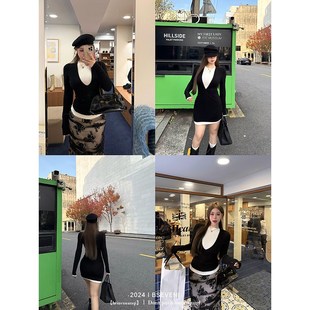 黑泽玄七微胖mm2025春季新款通勤松弛感穿搭假两件连衣裙套装女