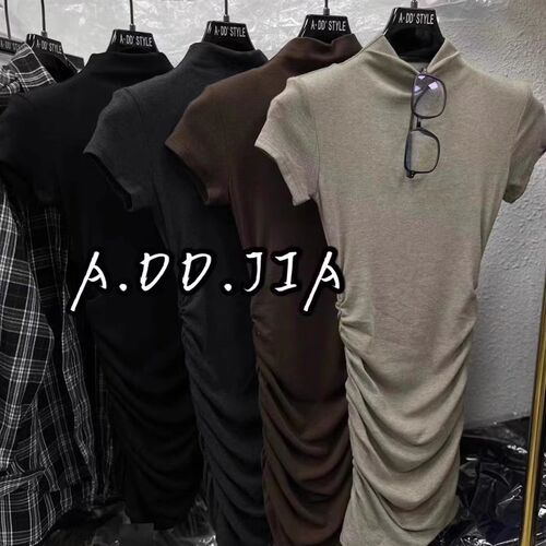 ADD韩版早秋新款纯欲显瘦半高领褶皱设计感短袖连衣裙辣妹短裙女
