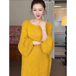 高级感黄色套头开叉针织衫毛衣女2024秋冬季中长款宽松慵懒风上衣