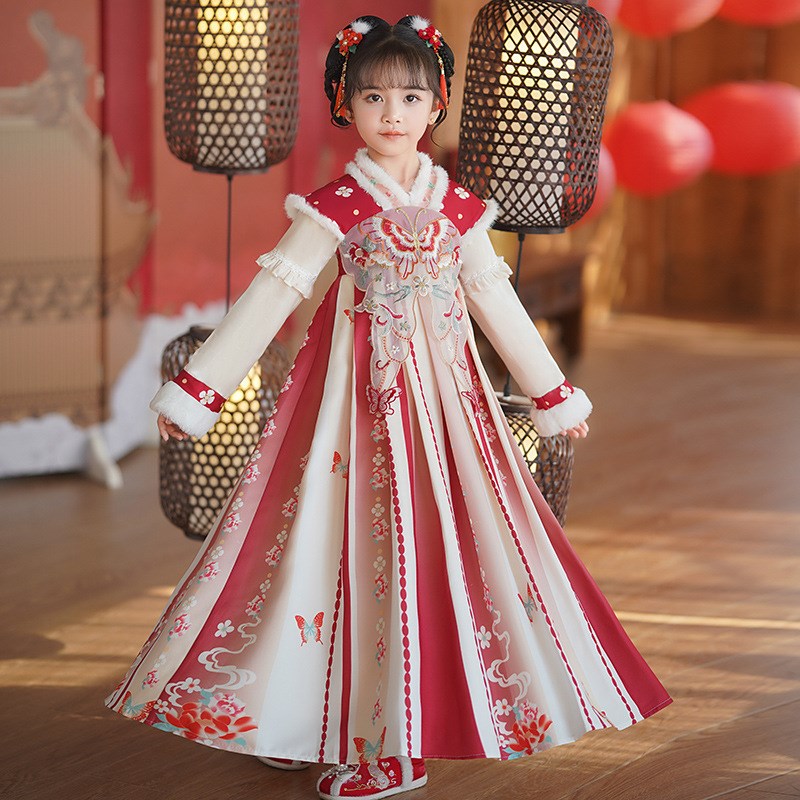 汉服女童冬季连衣裙2025新款国风儿G童加绒裙子女孩古风唐装拜年