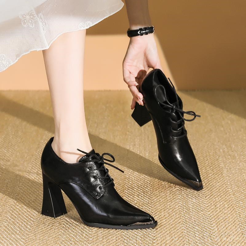 女鞋2025年春秋季新款金属尖头C高跟鞋女粗跟深口单鞋时尚系带皮