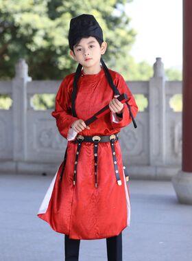 男童唐装圆领袍i儿童汉服红色国风过年服宝宝周岁礼服唐朝李白服