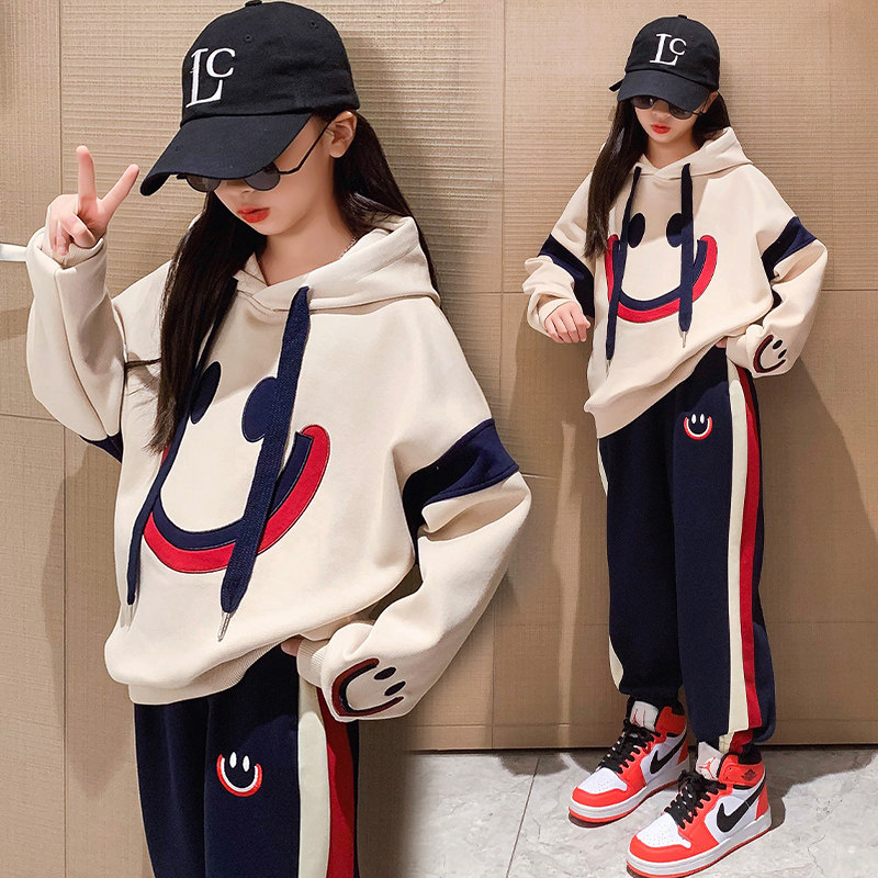 女童加绒连帽运动衫秋冬款套t装2023新款大童女装儿童裤子运动两