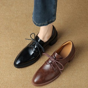 女加 英伦深口系带小皮鞋 2024a新款 尖头复古秋冬中跟休闲真皮单鞋