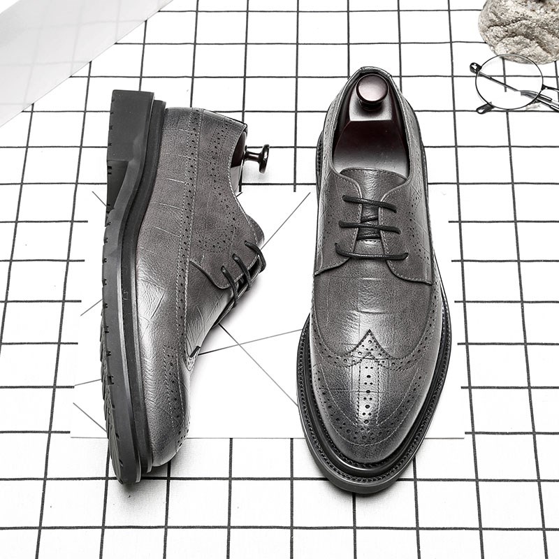 灰色皮鞋男商务正装尖头英伦配西装鞋厚底青年韩版U系带内增高男