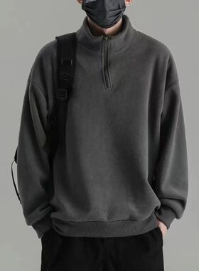 半拉链立领加绒卫衣男款秋v冬季日系纯色加厚保暖打底衫奥粒绒外