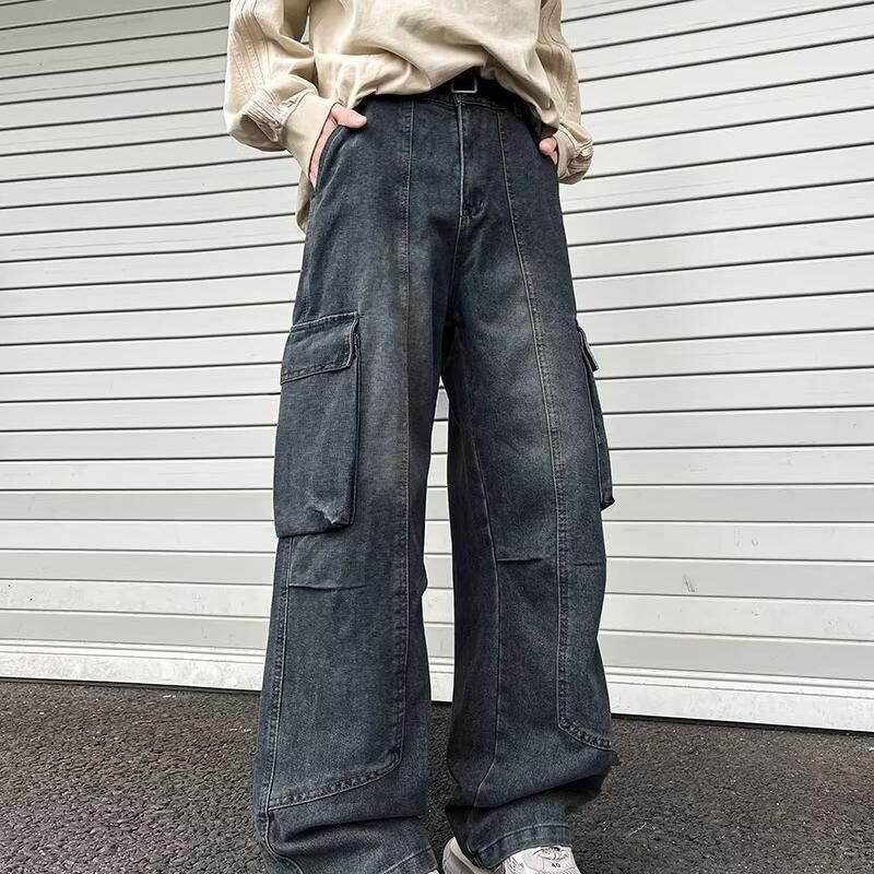 美式水洗工装h牛仔裤男女春季潮牌大口袋拼接长裤复古高街阔腿裤
