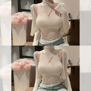 简约韩系两件套高领背心叠穿开衫破洞修饰肩颈曼妙身姿早秋穿搭