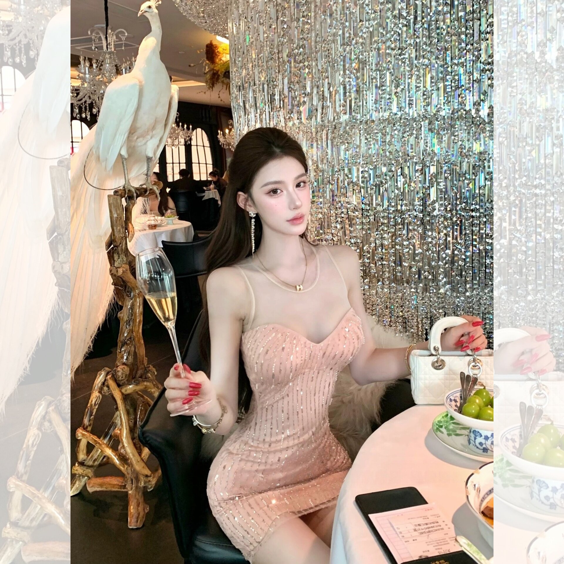 法式御姐风无袖包臀连衣裙女秋新款网纱拼接抹胸包臀裙礼服连衣裙