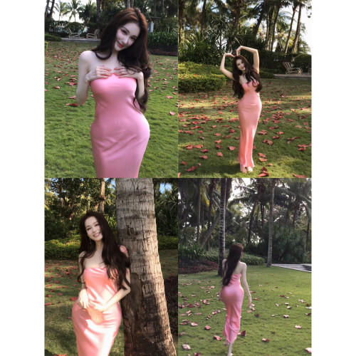 花三三同款粉雾缎光显瘦连衣裙