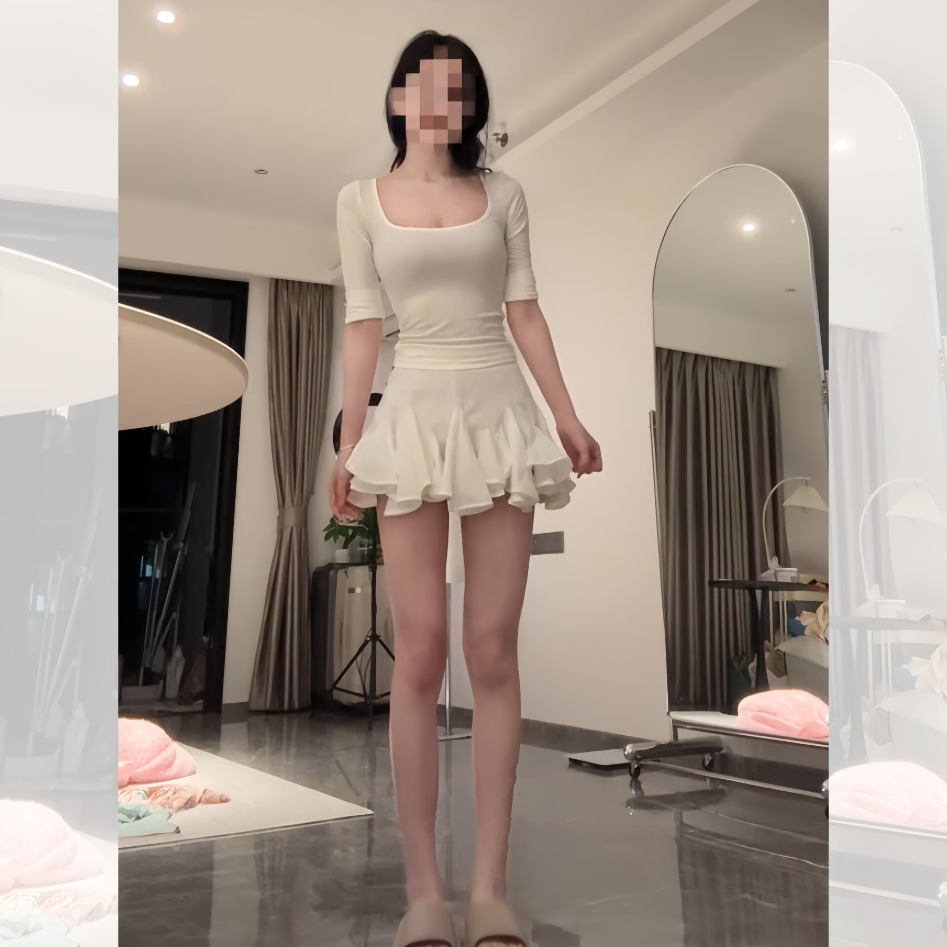 纯欲风方领中袖高腰不规则蓬蓬裙两件套修身显瘦透气少女约会出行