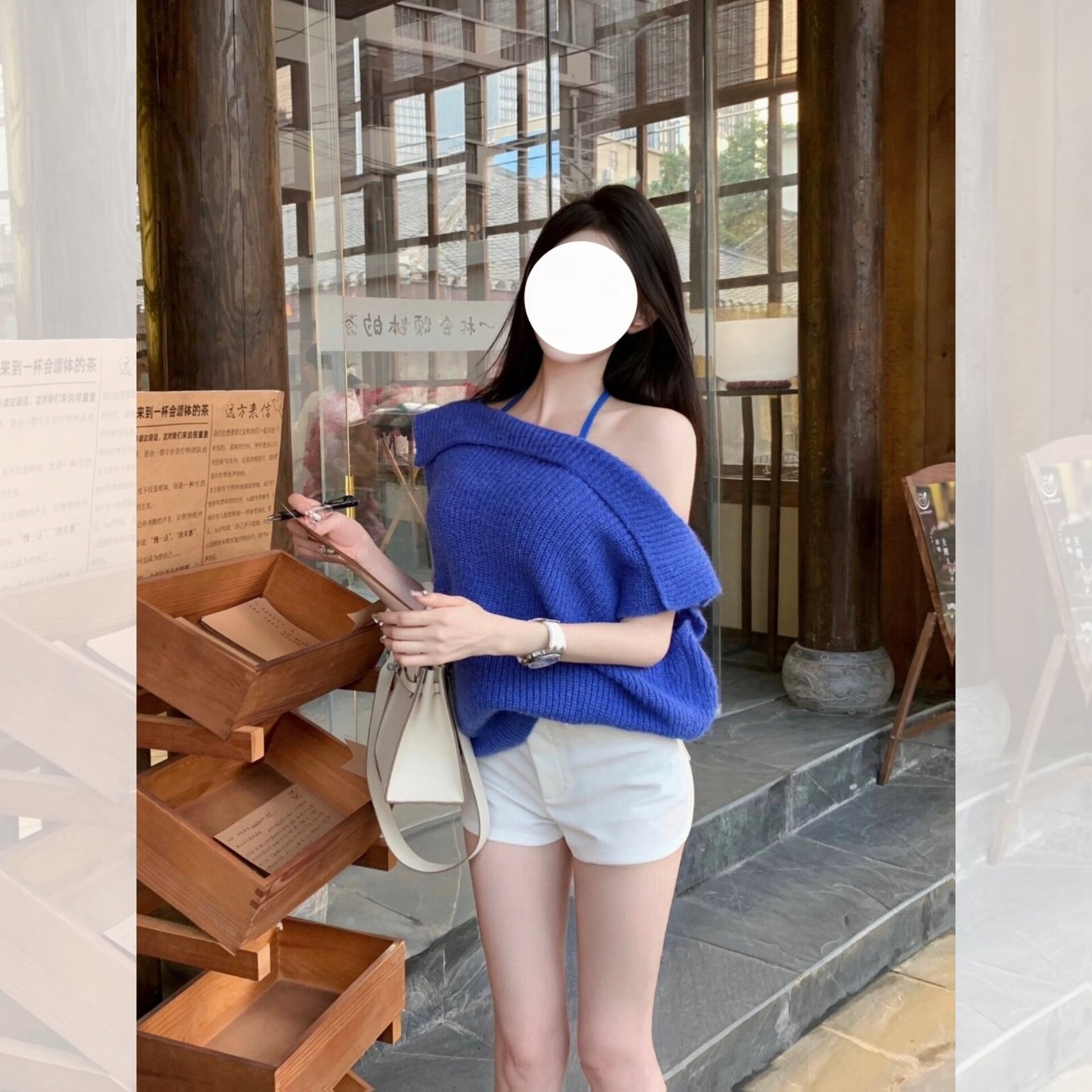 慵懒风一字肩两穿针织衫宽松显瘦露肩短袖百搭修饰颈部线条设计感