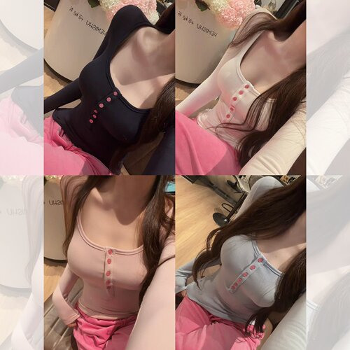 甜美亨利领纽扣长袖显瘦T恤女
