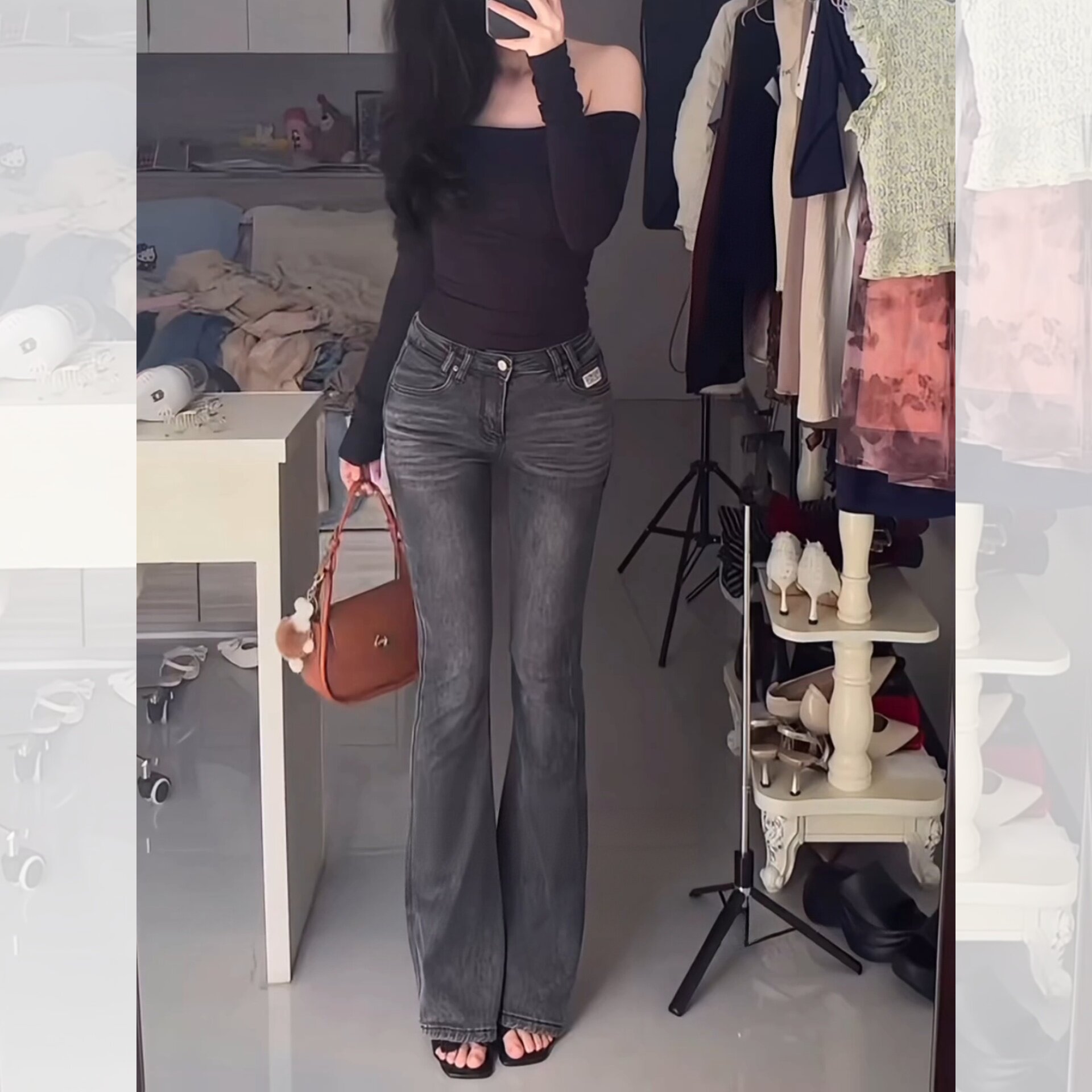 韩版性感辣妹风低腰丰胯微喇牛仔裤女弹力紧身修身显瘦微喇牛仔裤