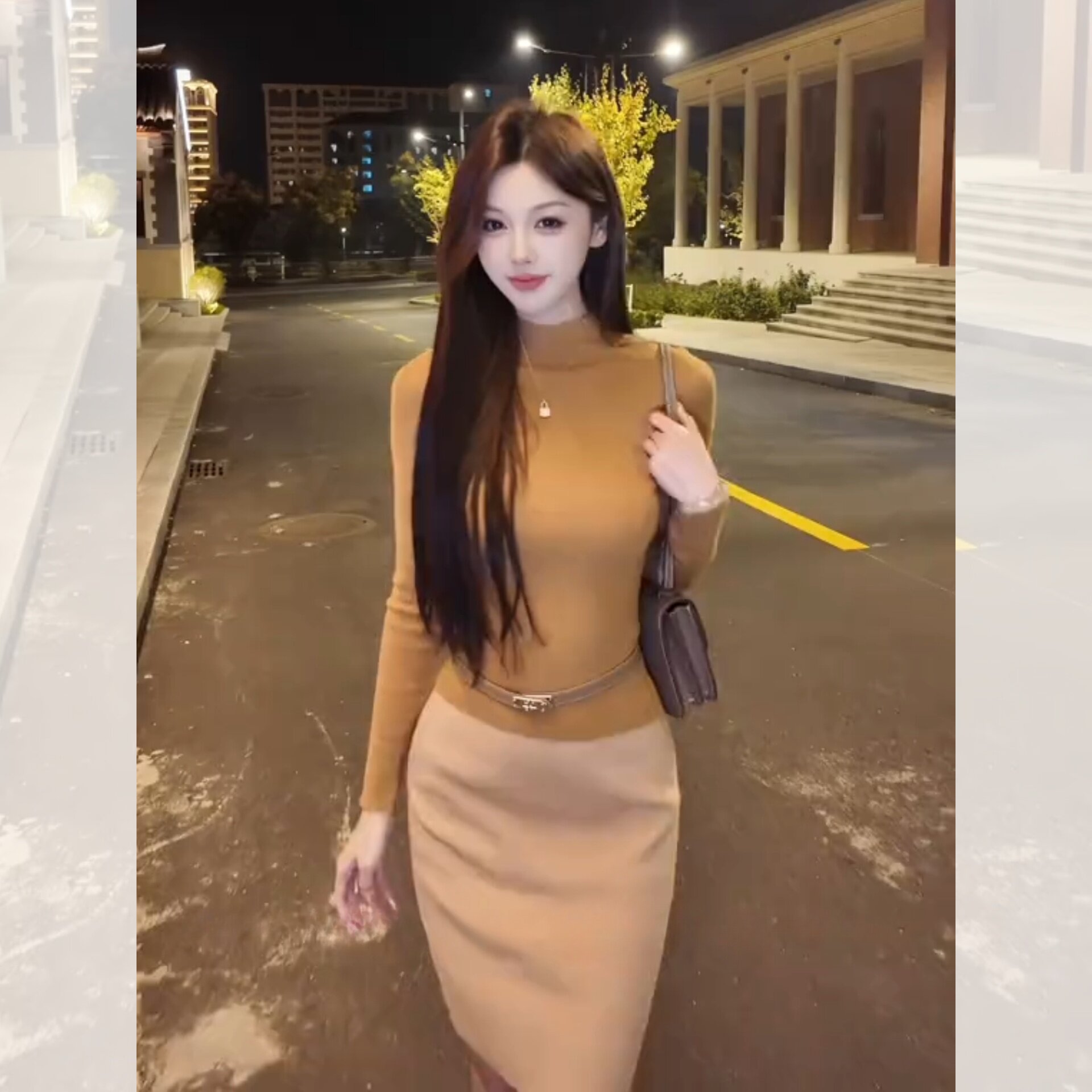 姐感穿搭* 法式轻熟风半高领长袖针织上衣女气质包臀半身裙两件套