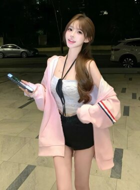 韩系甜美嫩粉垂感连帽拉链卫衣