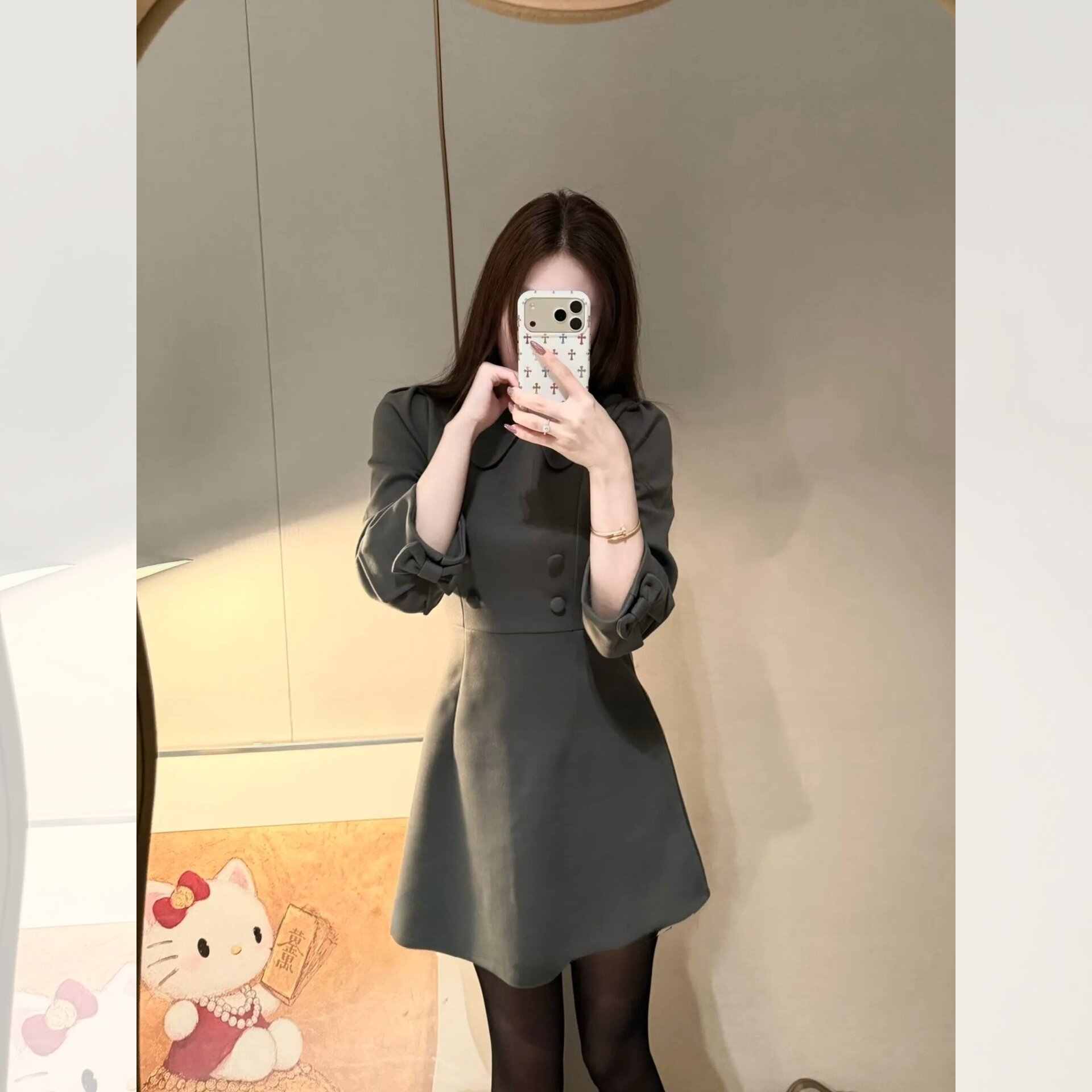 继承者* 千金风古早感翻领蝴蝶结连衣裙女双排扣收腰显瘦连衣裙子