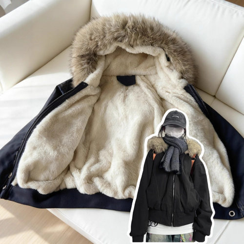 美式重磅黑色座山雕毛领派克服加绒厚外套秋冬保暖小个子棉服夹克