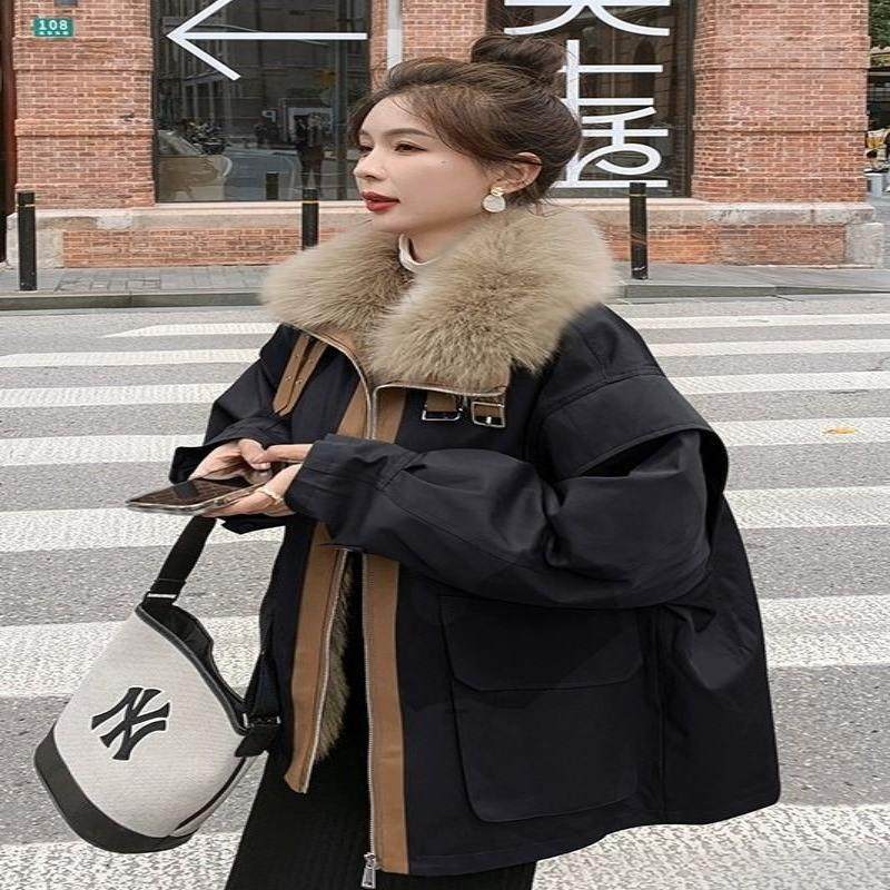 感黑色派克棉服女冬季年新款加绒加厚大毛领炸街棉衣外套